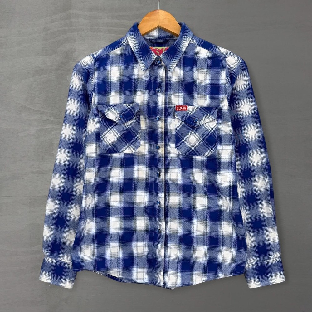 Dixxon Flannel Company Wipeout Shirt Blue White Plaid D-Tech Women's Small